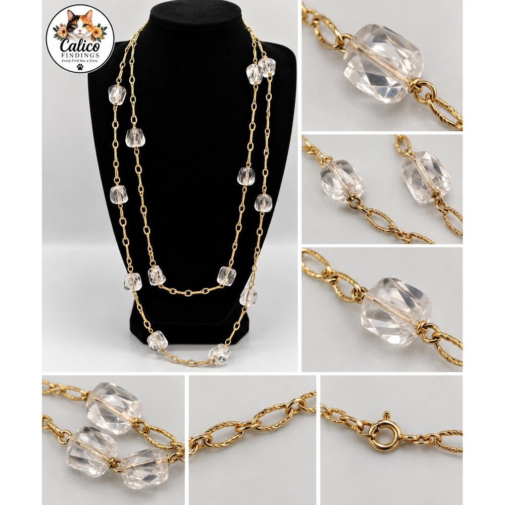 Long Gold Tone Clear Acrylic Tumbled Bead Station Layering Necklace 40 Inch